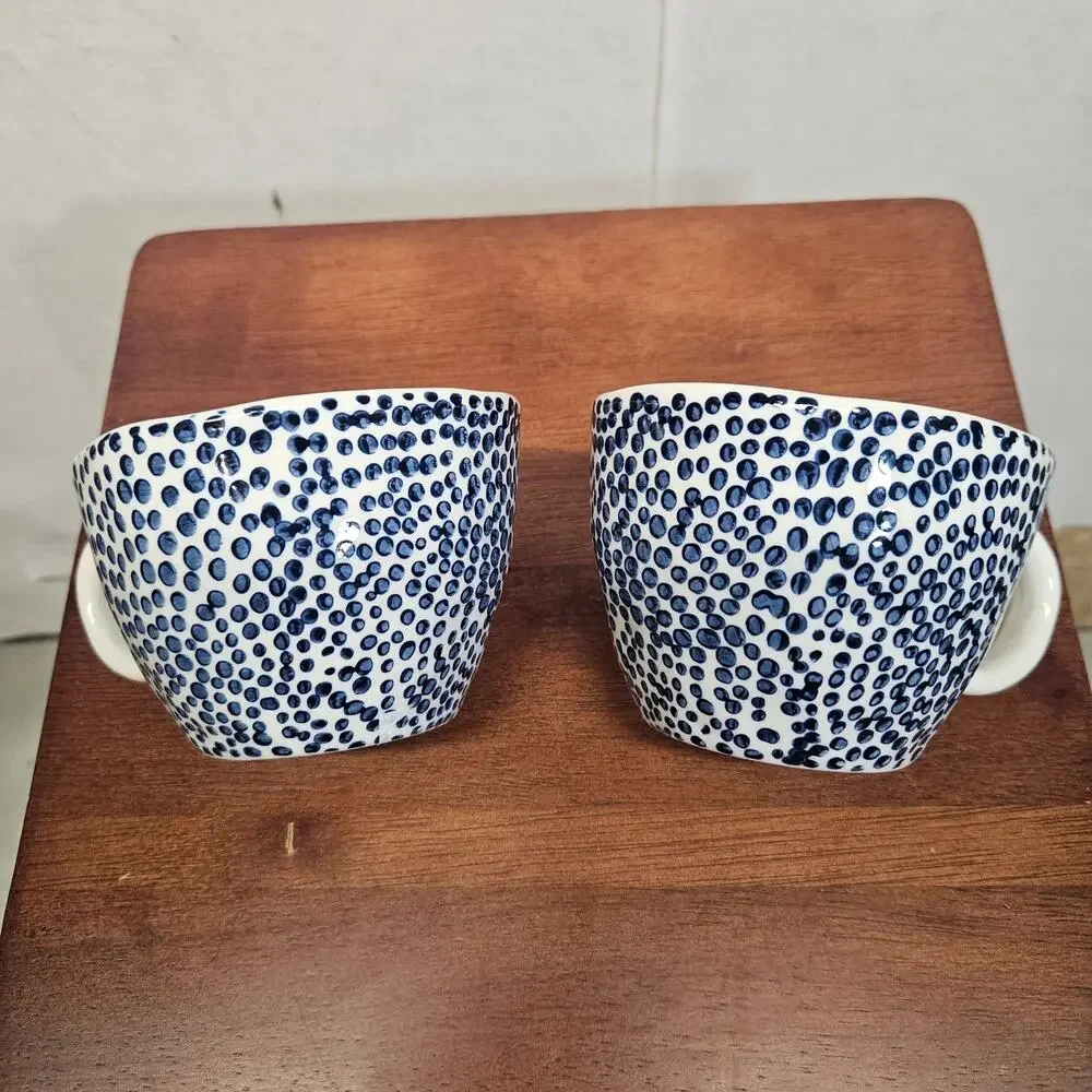 Old Pottery Company Coffee Mug White Blue Polka Dots Speckled Ceramic Cups set 2
